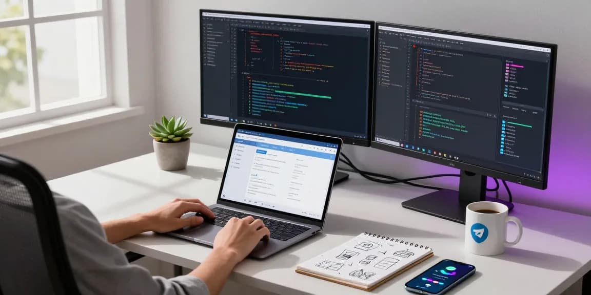 Engaging professional workspace featuring Telegram Web Version on a laptop with modern tech setup.
