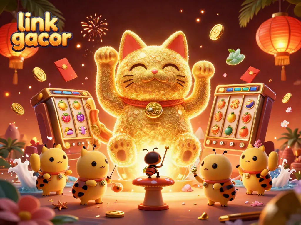 Experience the excitement of link gacor with a dynamic 3D illustration of a lucky cat and casino elements.