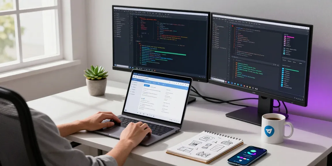 Engaging professional workspace featuring Telegram Web Version on a laptop with modern tech setup.