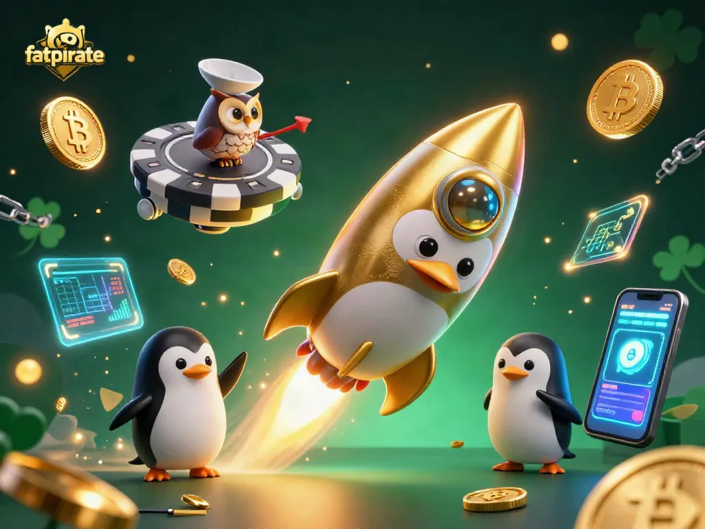 Engage with fatpirate's dazzling gaming adventure featuring a golden penguin among vibrant crypto elements.