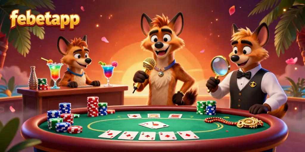 Join the fun at febetapp's lively casino with hyenas mixing drinks, performing comedy, and more.