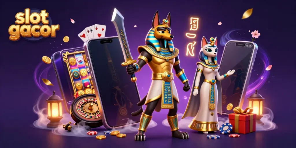 Experience the thrill of slot gacor with Anubis and Bastet surrounded by vibrant gaming elements.