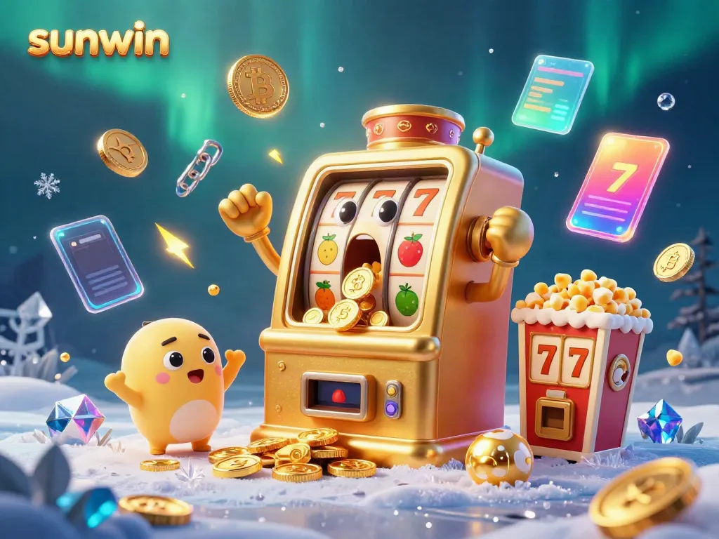 Sunwin promotes winning moments with a surprised golden slot machine hitting the jackpot amid vibrant casino elements.