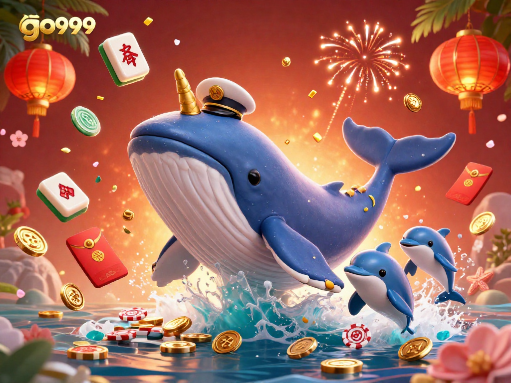 Experience winning moments at go999 with a vibrant sea of coins, playful dolphins, and festive gaming elements.