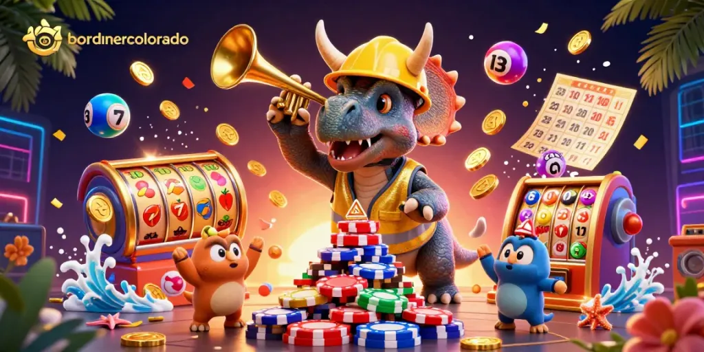 Engage with bordnercolorado's vibrant casino scene featuring animated dinosaurs celebrating wins amidst dynamic gaming elements.