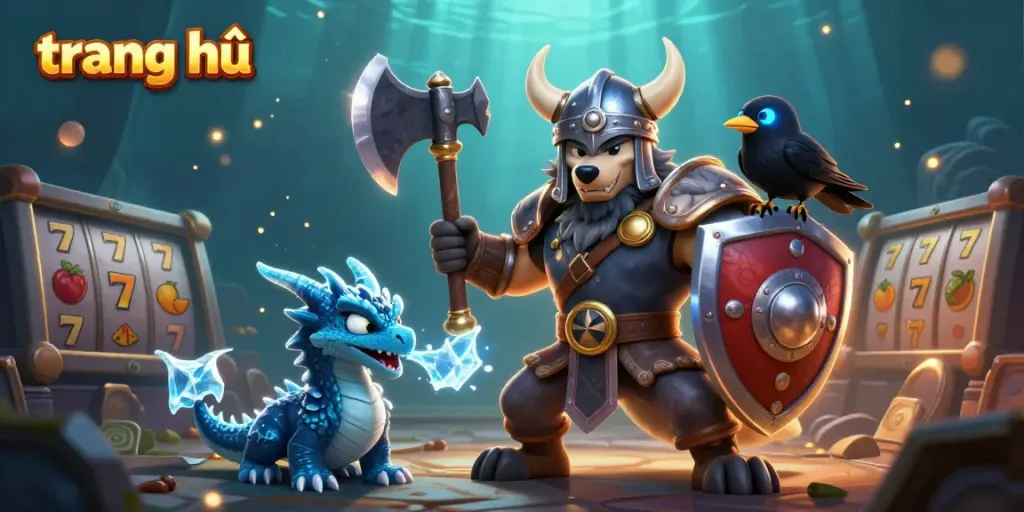 Experience the action on trang chủ, featuring Viking warrior, dragon, and vibrant slot elements.