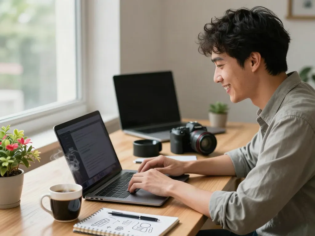 Engaging with juicy chat ai on a laptop in a vibrant workspace, showcasing a user enjoying AI interaction.