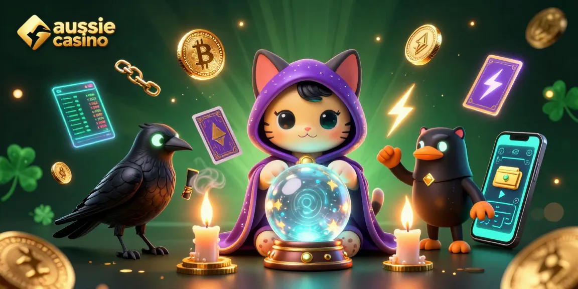 Aussie casinos featuring a mystic cat fortune teller, tarot raven, and glowing crypto elements create an enchanting gaming atmosphere