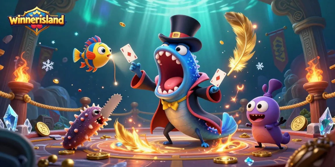 Experience the exciting atmosphere of winnerisland with unique characters performing magic in a vibrant casino setting.